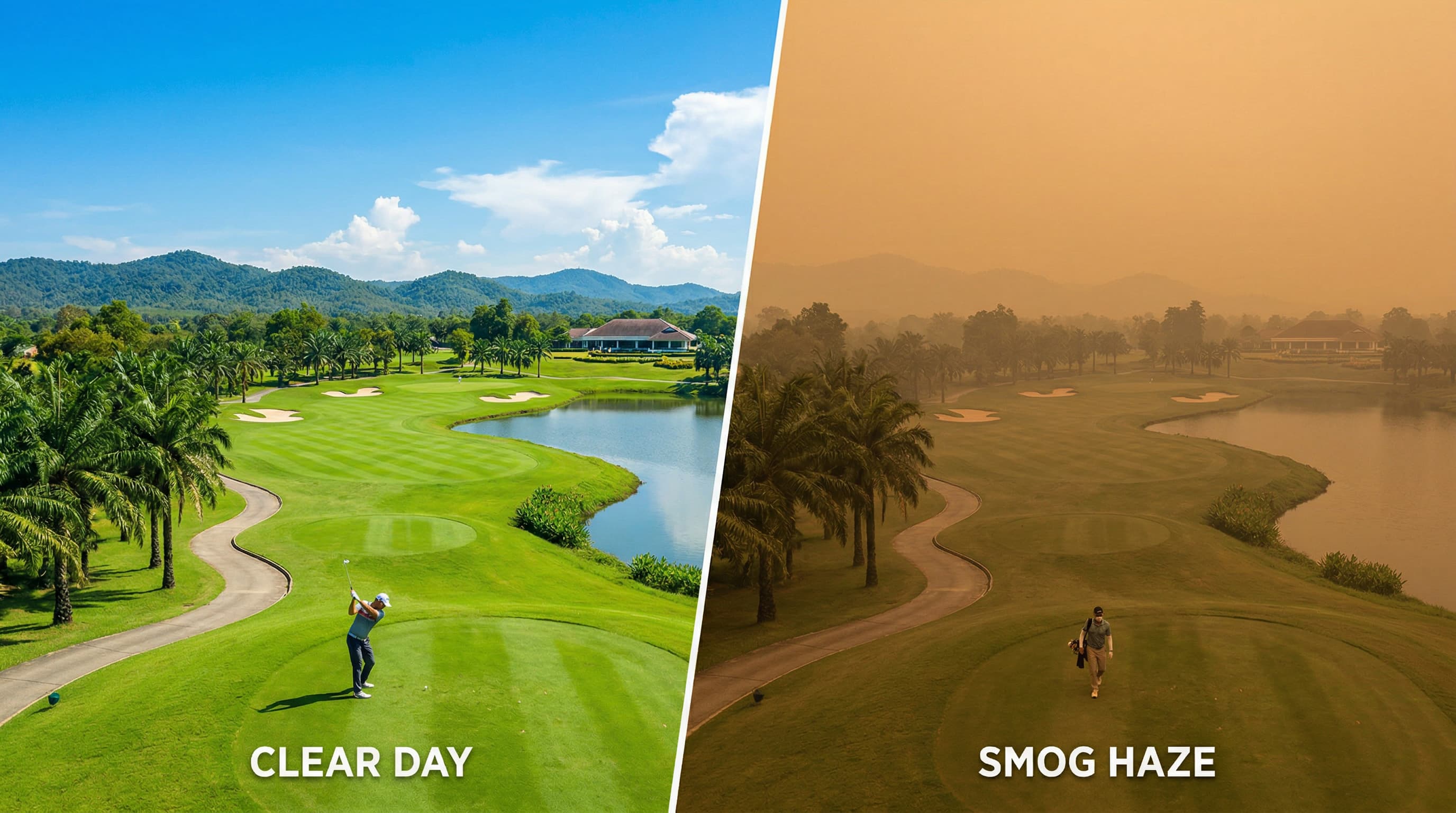 Split comparison: clear day golf course vs smog haze conditions in Thailand