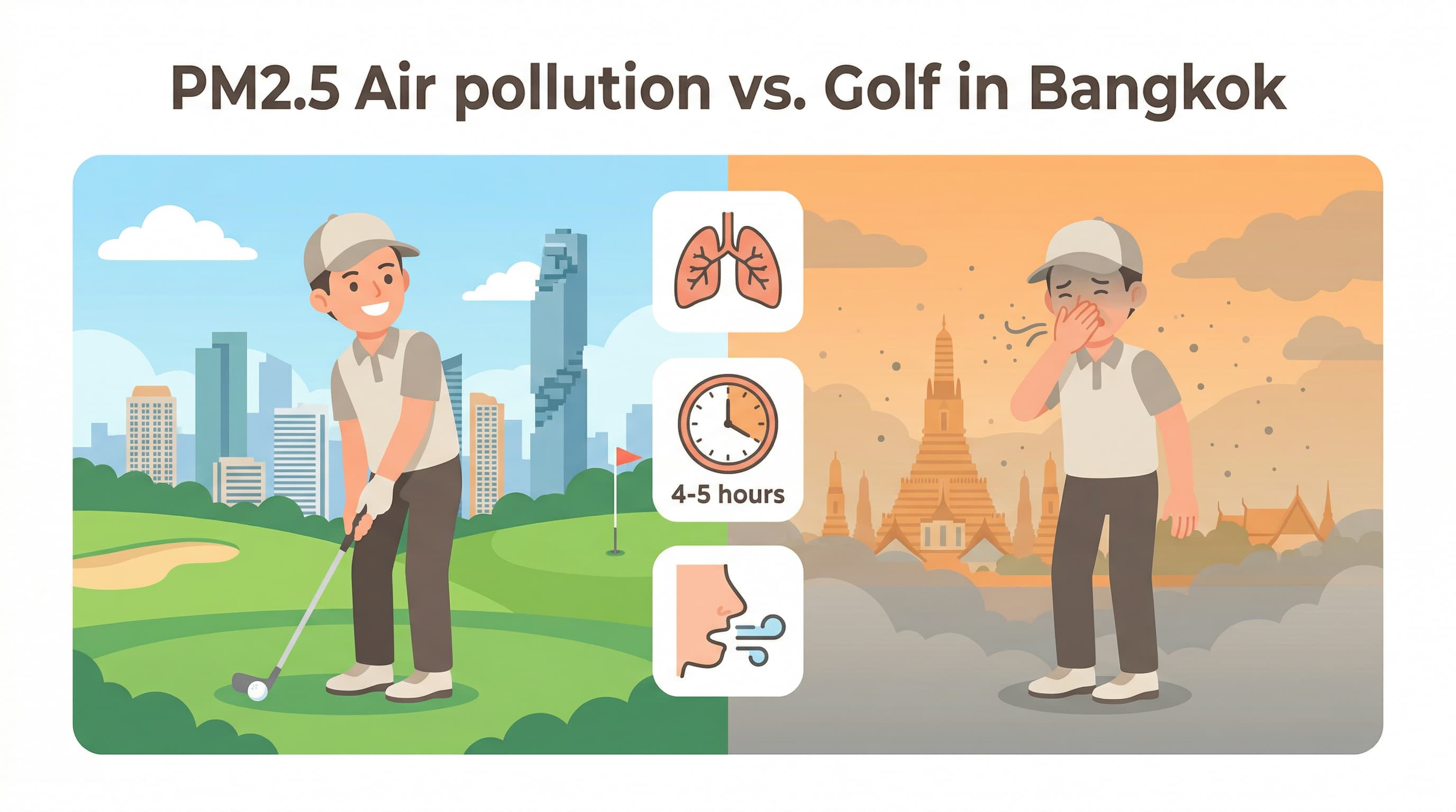 Illustration: golfer on clean Bangkok day vs hazy polluted day — PM2.5 affects breathing over 4-5 hours