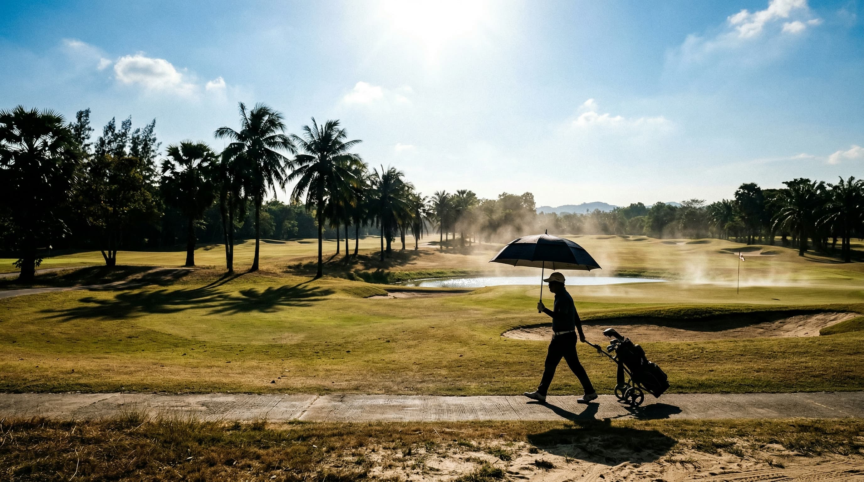 Golfer with umbrella walking on Thai golf course under intense midday sun